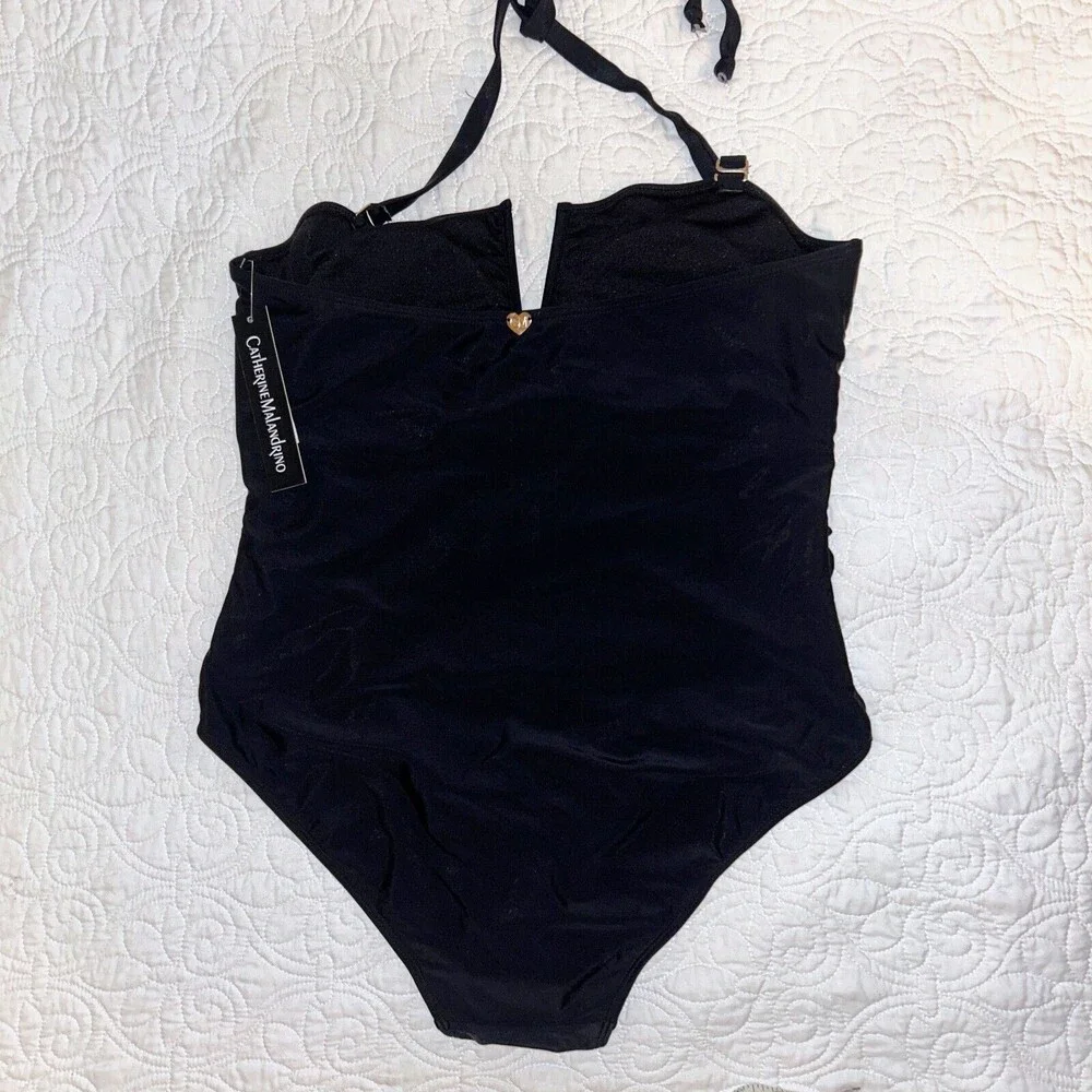 NWT Catherine Malandrino V Wire Shirred Black 1 Piece Bandeau Swimsuit Plus S 1X